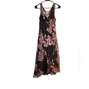 Vintage Black Purple Floral Fairy Cowl Neck Midi Dress Size Medium